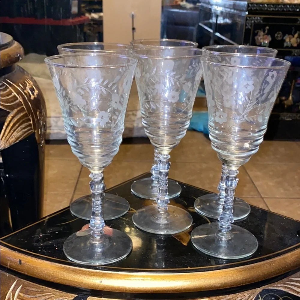 Vintage 6 Rock Sharpe Water Goblets 8” Cut Floral Stem